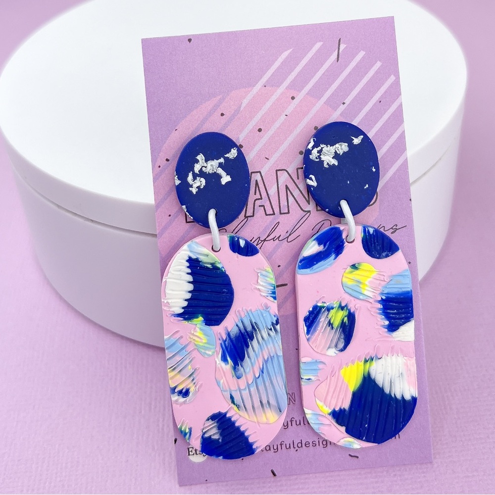 Colorful Abstract Design Polymer Clay Dangle Earrings Handmade Funky